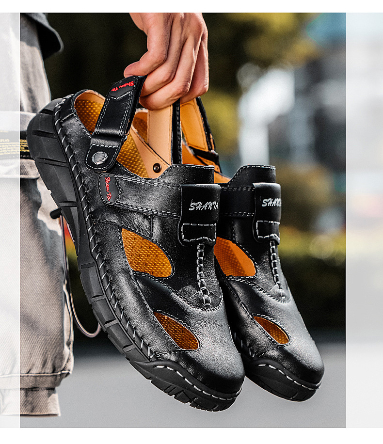 Cross-border large wharf layer cowhide sandals, men's genuine leather men's durable beach shoes, men's thick-soled anti-slip shoes, men's flip-flops undefined