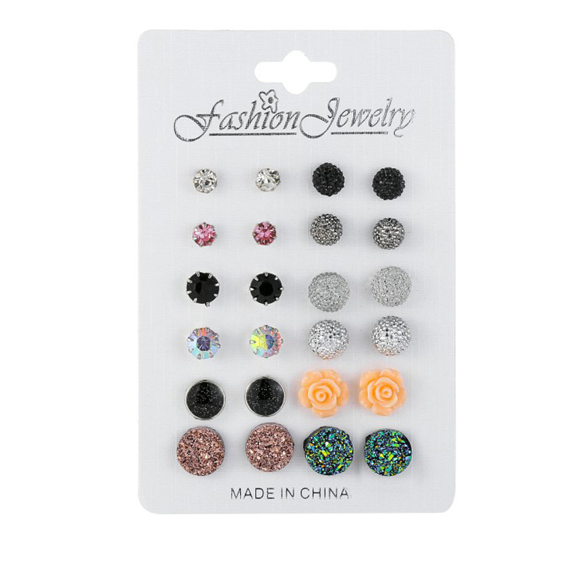 Hot Sale Mixed Color 12 Pairs Round Rhinestone Crystal Flower Earrings display picture 6