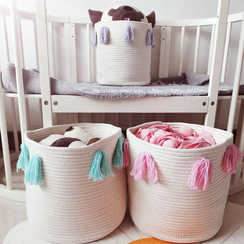 Tassel Cotton Rope Woven Children's Toy Storage Bucket Home Storage Bucket Children's Home Photography Decoration