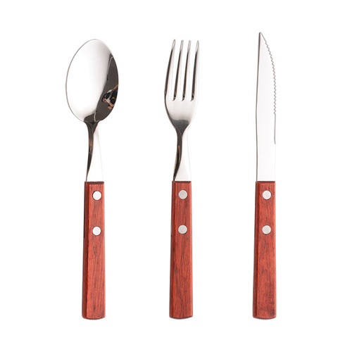 Amazon Best Seller Set of Wooden Handle Steak Knife, Fork, and Spoon with 304 Stainless Steel - Western Cuisine Gift with Logo
