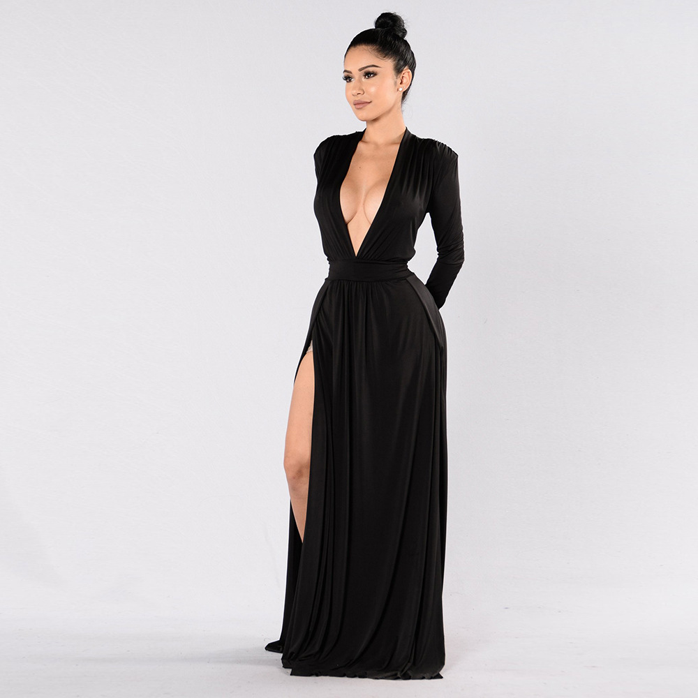 Sexy Black Deep V Long-Sleeved High Slip Banquet Dress NSFDD96593