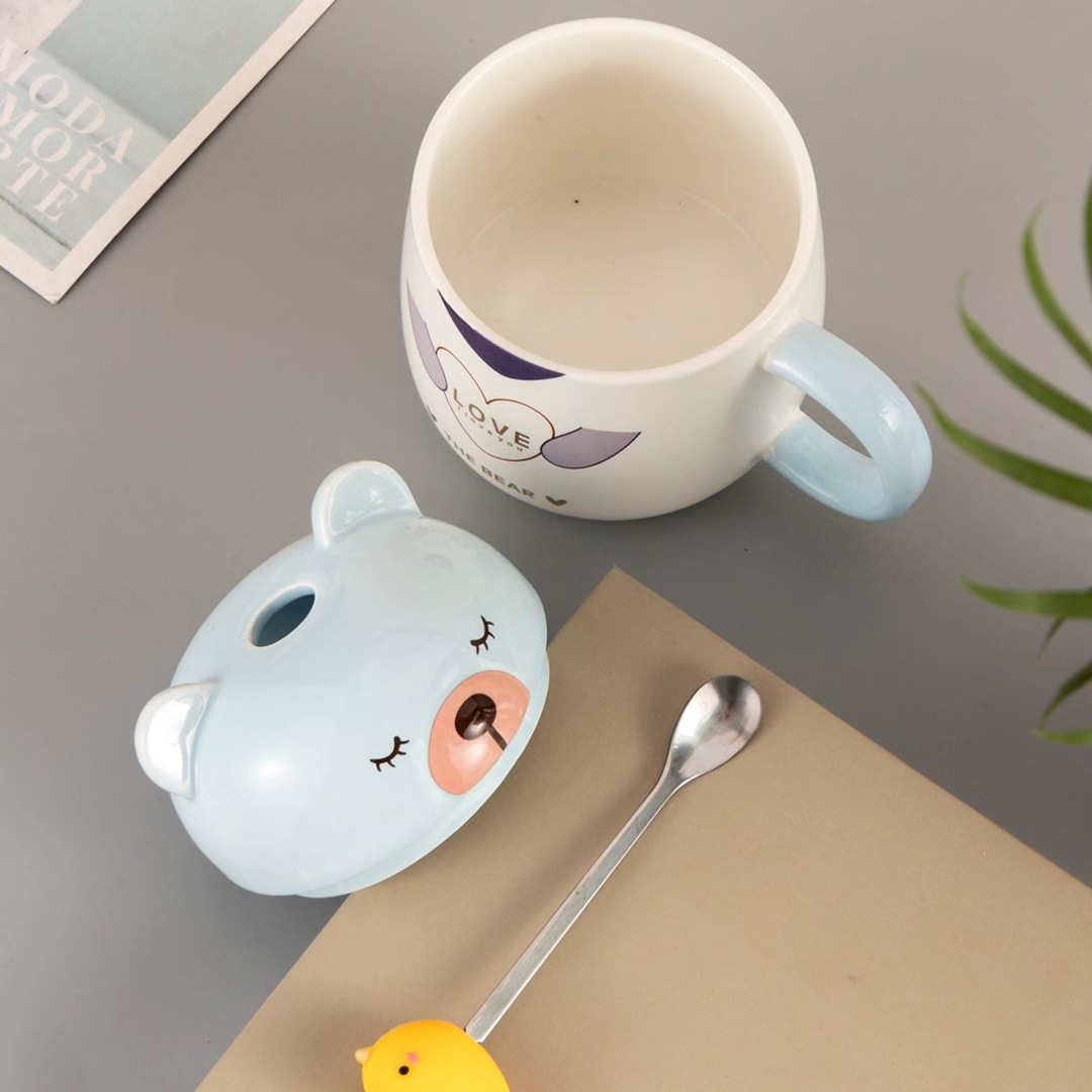 Estilo japonés creativo lindo personalidad oso taza con tapa cuchara regalo taza de café Oficina de dibujos animados taza de agua de cerámica