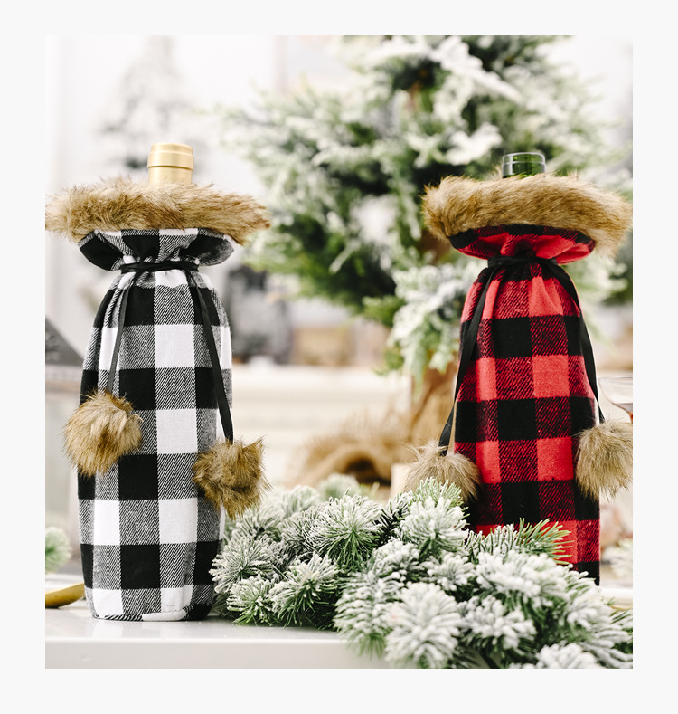 60g Weight Christmas Festival Haobei Christmas Festive Supplies Pompon Plaid Bottle Cover Creative New Red And Black Wine Bottle Bag Wine Gift Box Wine Cover 3