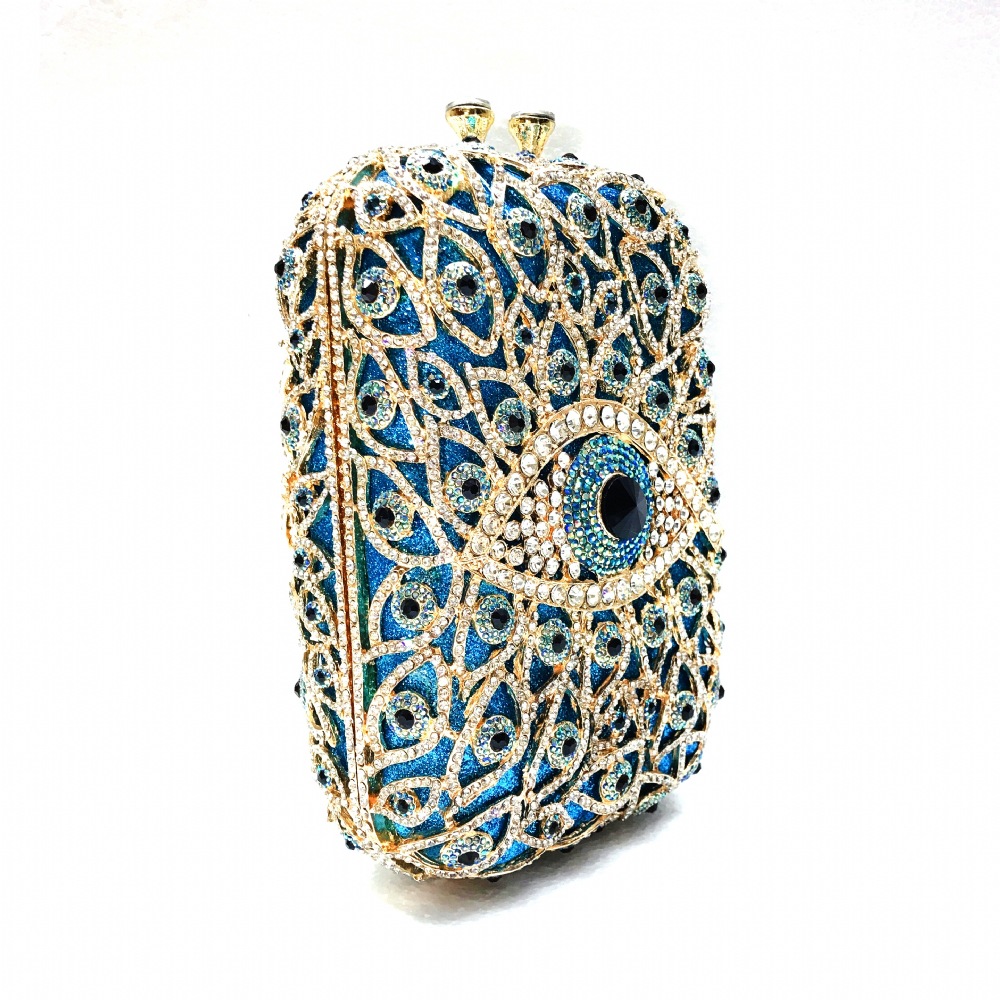 Túi clutch dạ hội đính đá pha lê kim loại rỗng kiểu dọc — Màu xanh lam, Vàng/Xanh đậm AB mắt, Màu bạc, Vàng/Con công xanh AB mắt chi tiết 6
