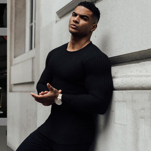 Autumn and Winter new sports casual men's slim-fit long-sleeved T-shirt European and American fashion fitness men's knitted bottoming shirt
