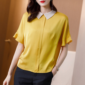 Contrast Lapel silk shirt women’s loose splicing Short Sleeve Silk Top