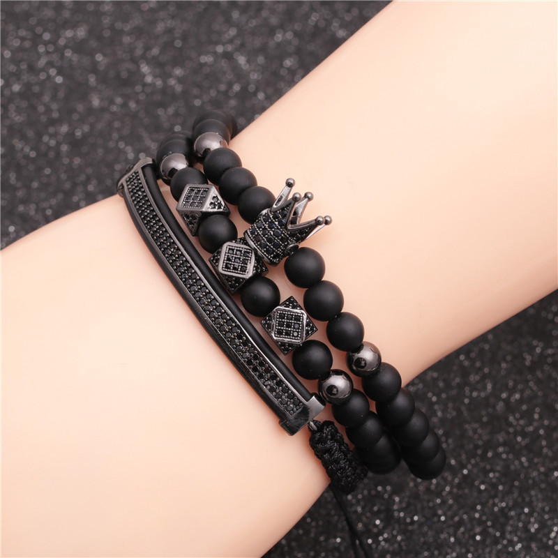 New Hot-selling 6mm Frosted Stone Crown Three-cut Round Leather Strap Beaded Copper Bracelet For Women display picture 3