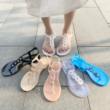 夏季长条布花水晶凉鞋成人户外多色果冻休闲沙滩鞋pvc女士凉鞋