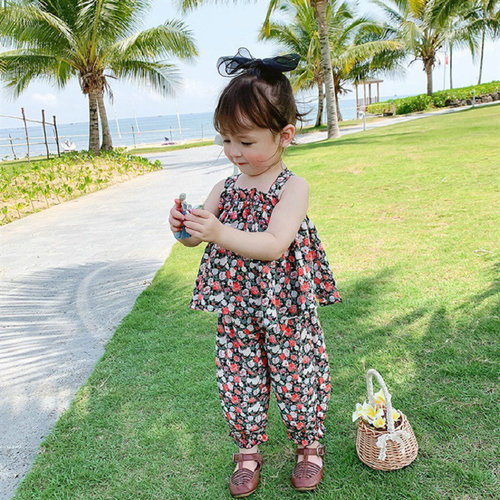 Girls suit flower suspender top and nine-point pants 24 summer clothes new foreign trade children's clothing drop shipping 3-8 years old