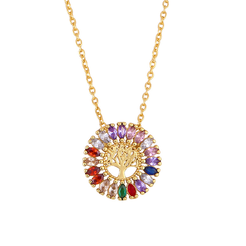 Style Européen Et Américain Collier Ins À La Mode Nouvelle Micro-incrusté Gemme Multicolore Chanceux Arbre Rond Pendentif Collier Clavicule Chaîne Nkq20 display picture 3