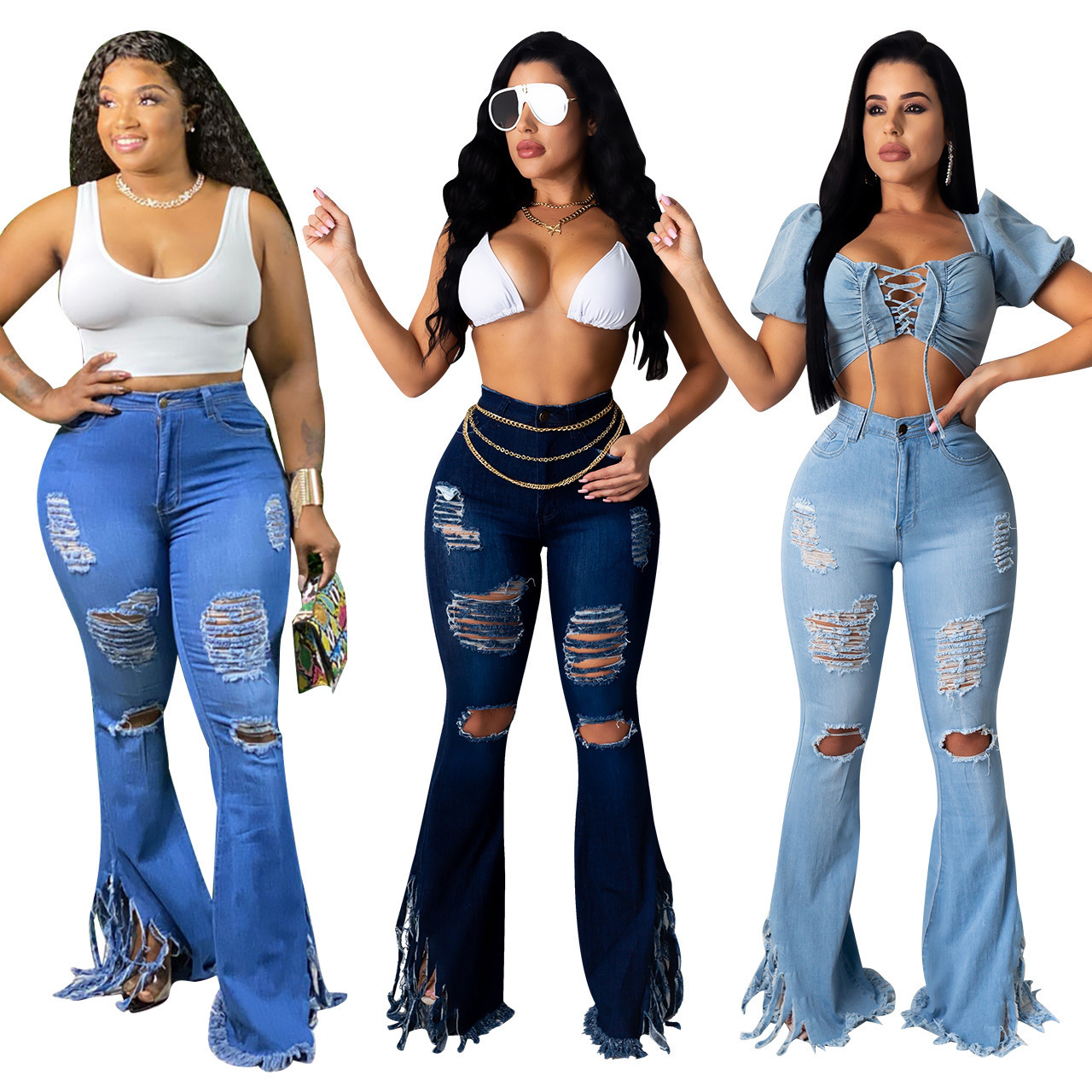 Gescheurde damesbroek met franjes uit 2026, rechtstreekse grensoverschrijdende levering, klassieke lange denimbroek met hoge taille en wijde pijpen._voghion.com