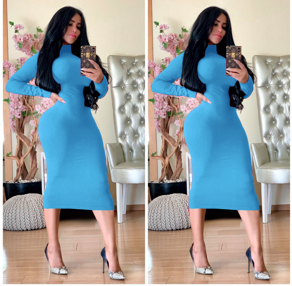 Women's Pencil Skirt Casual High Neck Patchwork Long Sleeve Solid Color Midi Dress Daily display picture 2