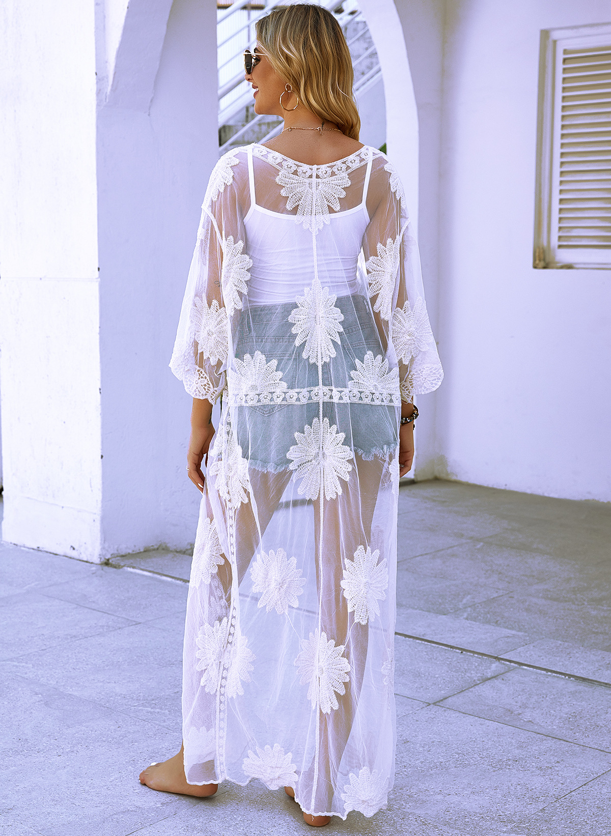 2020跨境新款蕾絲繡花連衣裙外搭開衫比基尼泳衣沙灘罩衫防曬衣