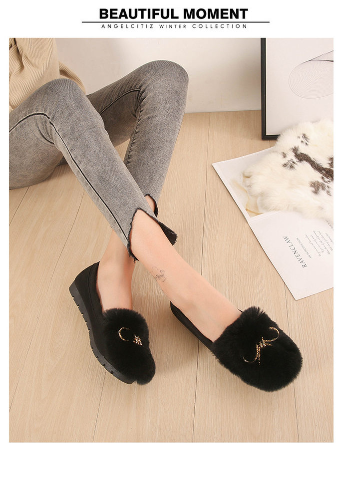 Giày lười nữ lông thỏ có nơ, lót lông ấm, đế thấp 1–3 cm — Màu xám, Màu đen chi tiết 15