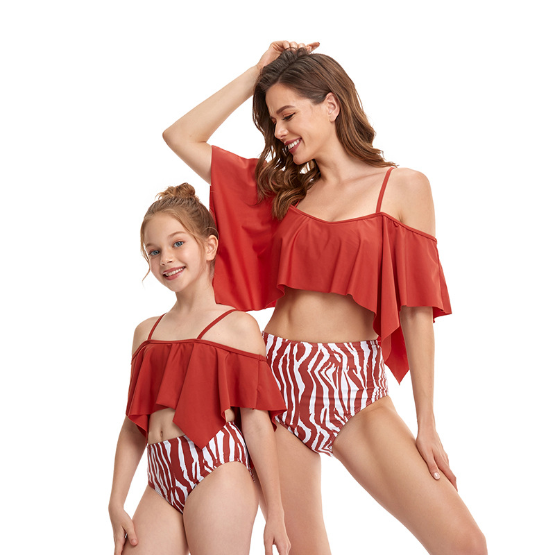 lotus leaf sling word-neck color-matching print parent-child tankini two-piece swimsuit  NSHYU121361