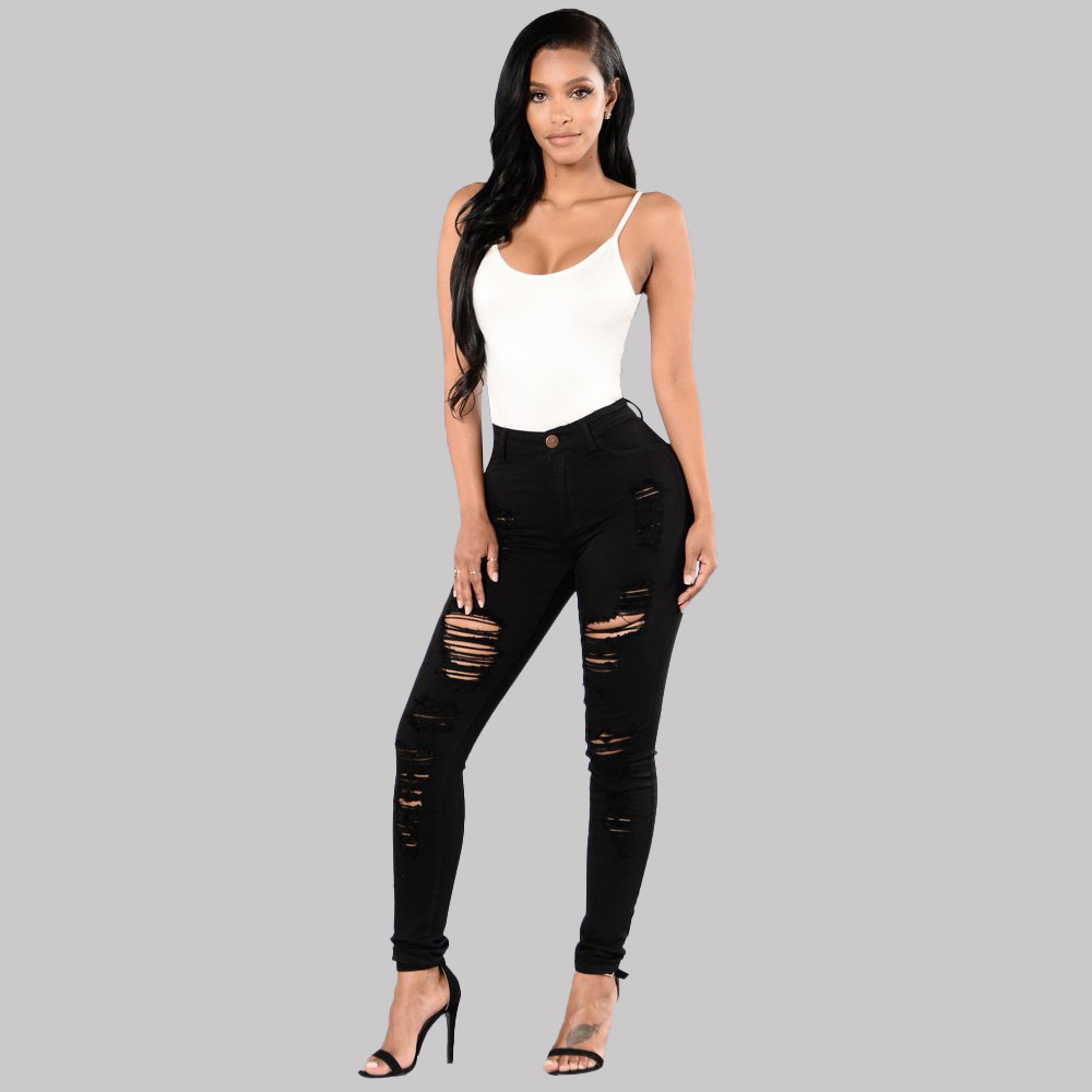 ripped slim high waist solid color jeans NSWL133719