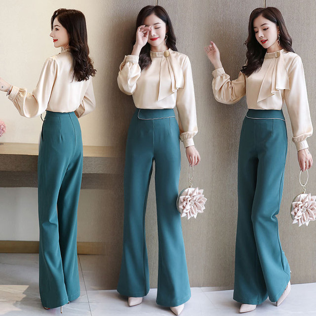 Bell bottomed pants + Chiffon two piece set spring 2020 individual temperament versatile casual Waist Pants Set