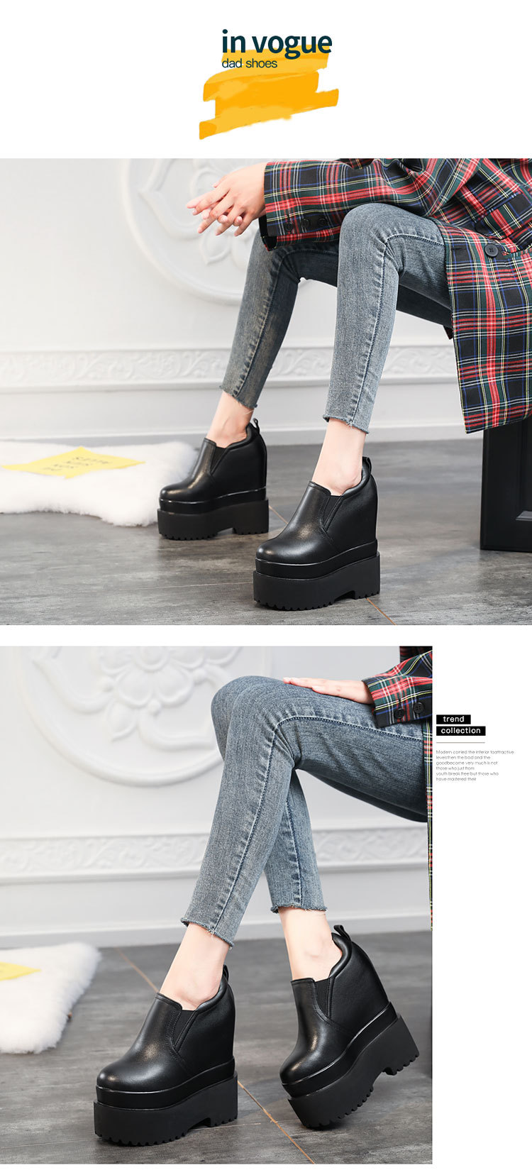 Giày sneaker nữ đế dày 16 cm tăng chiều cao phong cách trắng đơn giản — màu đen chi tiết 3