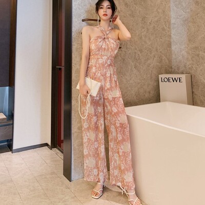 挂脖性感女式连体裤子2020夏季新品雪纺印花女装网红款收腰阔腿裤