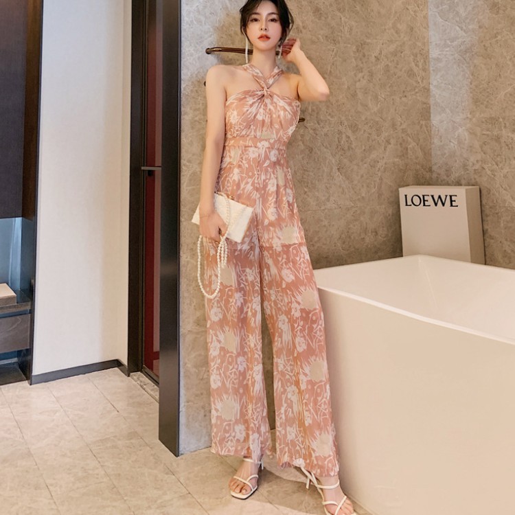 挂脖性感女式连体裤子2020夏季新品雪纺印花女装网红款收腰阔腿裤