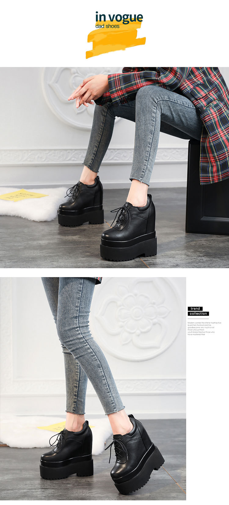 Giày sneaker nữ đế xuồng platform cao gót 16 cm dây buộc — màu đen chi tiết 2