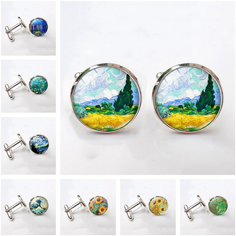 AliExpress Hot Sale Van Gogh Starry Moon Night Time Gem Cufflinks Men's Shirt Metal Cufflinks French Cufflinks