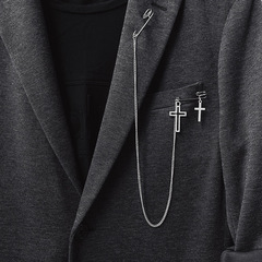 Euramerican minimalist punk style pin chain chain brooch, unisex long cross brooch accessory