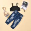 Suspender strip top + European and American wind break open bag jeans suit for children