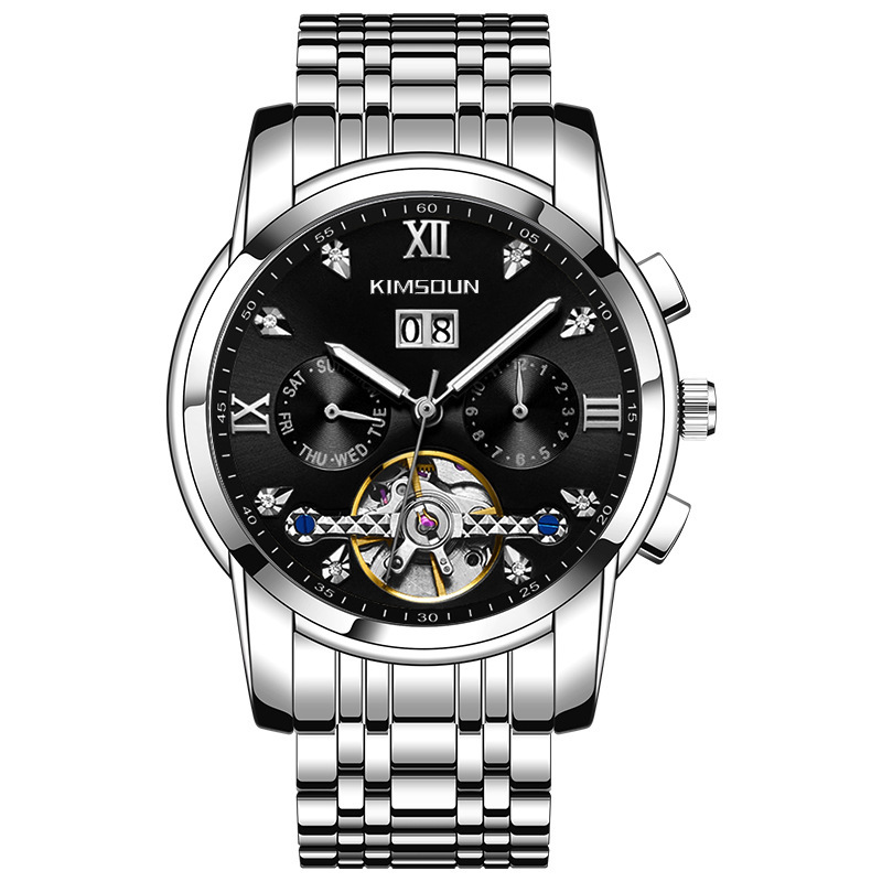 Kimsdun hombres correa de acero reloj mecánico automático calendario hueco volante impermeable reloj de pulsera mecánico K-1895A