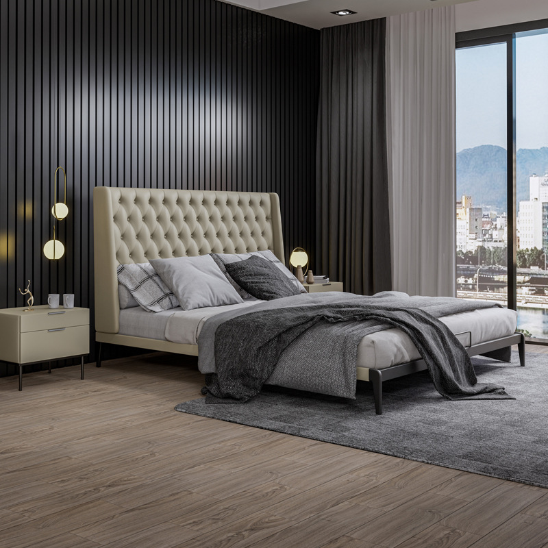 Cama de cuero genuino Yihai Xuan, estilo minimalista italiano, cama doble para dormitorio principal, modelo de diseño, cama de cuero de primera calidad importada, cama grande.