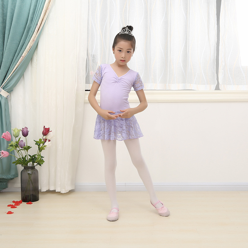 新款女童練功服短袖兒童舞台演出服裝舞蹈裙蕾絲表演連體裙批發