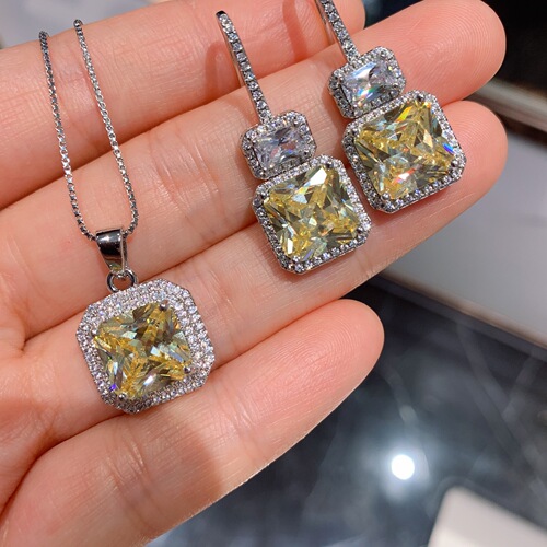 Zhuang Shengsheng Jewelry: Popular Online Live Stream Bestsellers — Faux Yellow Diamond Pendant Earrings & Necklace Set for Women, Featuring Colorful Gemstones