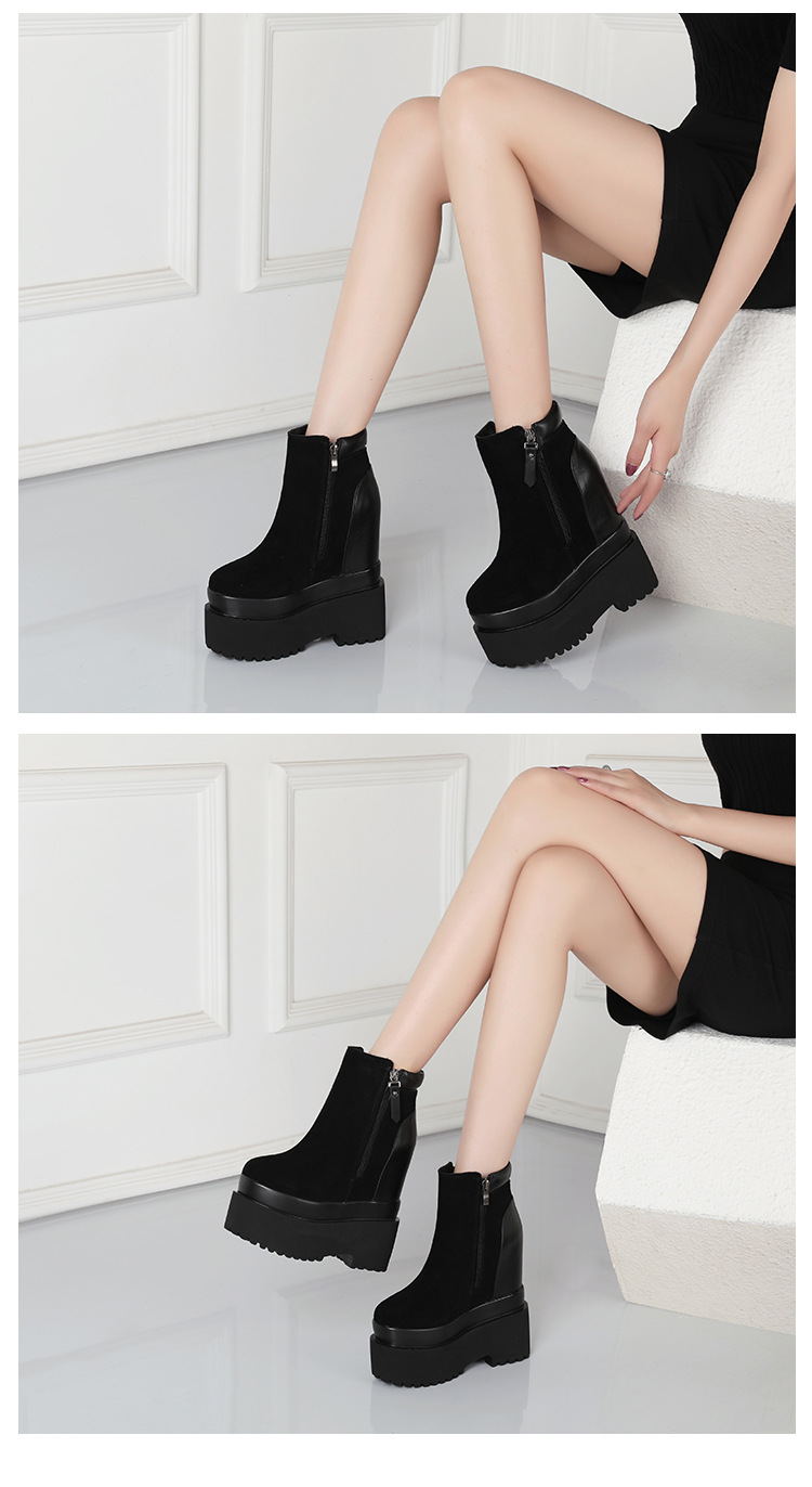 Boot nữ cổ thấp da lộn gót siêu cao 16 cm đế dày tăng chiều cao — Lót lông đen chi tiết 4