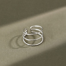 736韩国银饰S925纯银时尚个性简约三线光面开口戒指指环