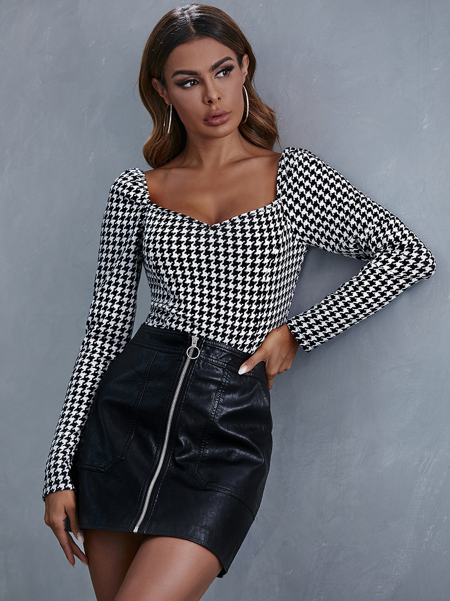 autumn sexy V-neck check pullover women s top NSAL1948