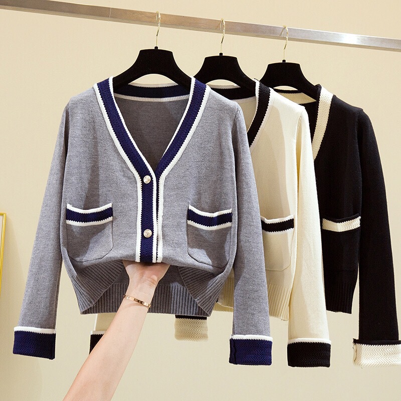 Early Autumn Korean Style Contrasting Color V-Neck Cardigan Single-Breasted Short Knitted Sweater Women's Sweater Coat Early Autumn Korean Style Contrasting Color V-Neck Cardigan Single-Breasted Short Knitted Sweater Women's Sweater Coat