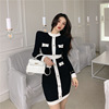 Black and white single breasted buttock skirt knitted skirt long sleeve dress