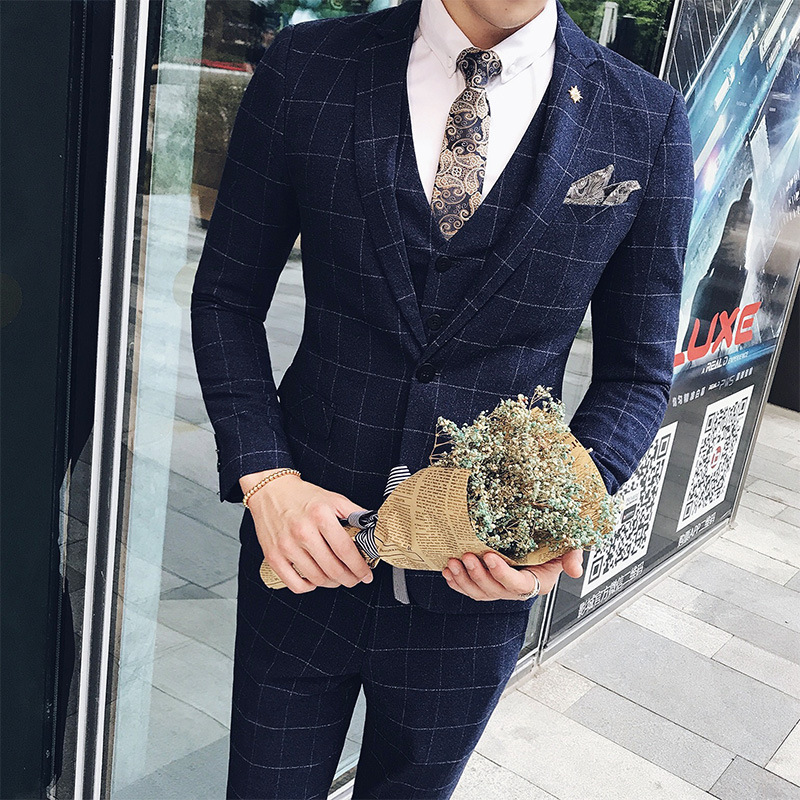 西服套装男韩版修身三件套格子西装商务定制宴会婚礼服新伴郎服影