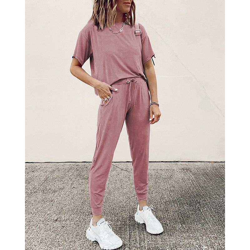summer new women's hot style solid color round neck short sleeve casual suit NSKX5916