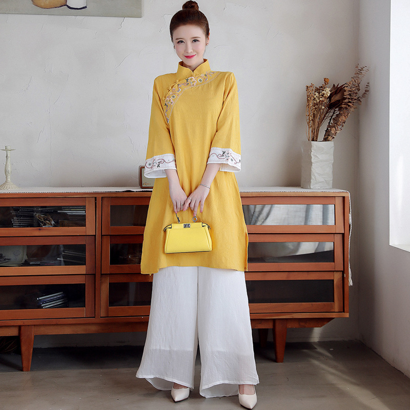 禅茶服女中长款棉麻刺绣连衣裙旗袍阔腿裤两件套瑜伽居士打坐服|ms