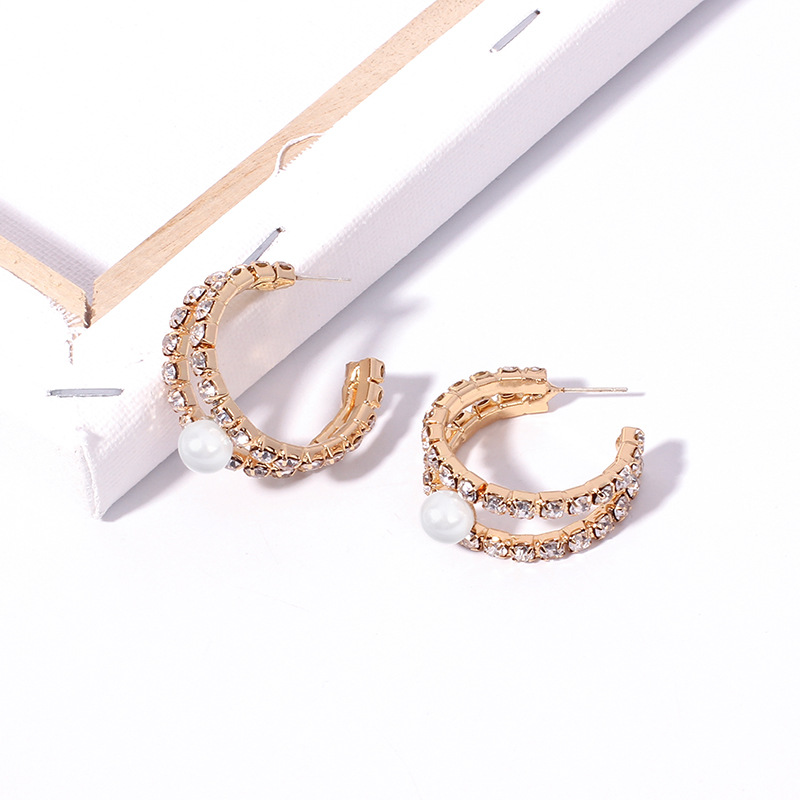 13g Weight Earrings Classification Wedding, Travel, Birthday, Festival Occasion Women'S Gender Gold Color Personality Geometry C- Shaped Full Diamond Pearl Ring Earrings Elegant Classic Style Double C French Ins Earrings Earrings 4