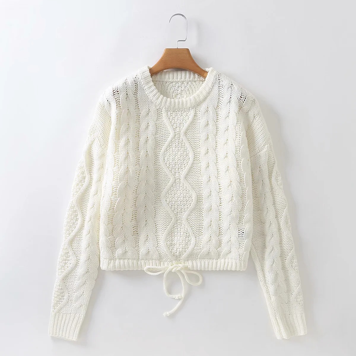 retro drawstring waist belt high-waist twist knitted sweater NSAC17594