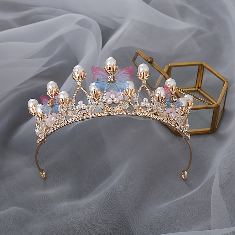 Children's Alloy Crown Butterfly Princess Performance and Show Updo Hair Accessories Model Catwalk Crystal Headband Bridal Headdress