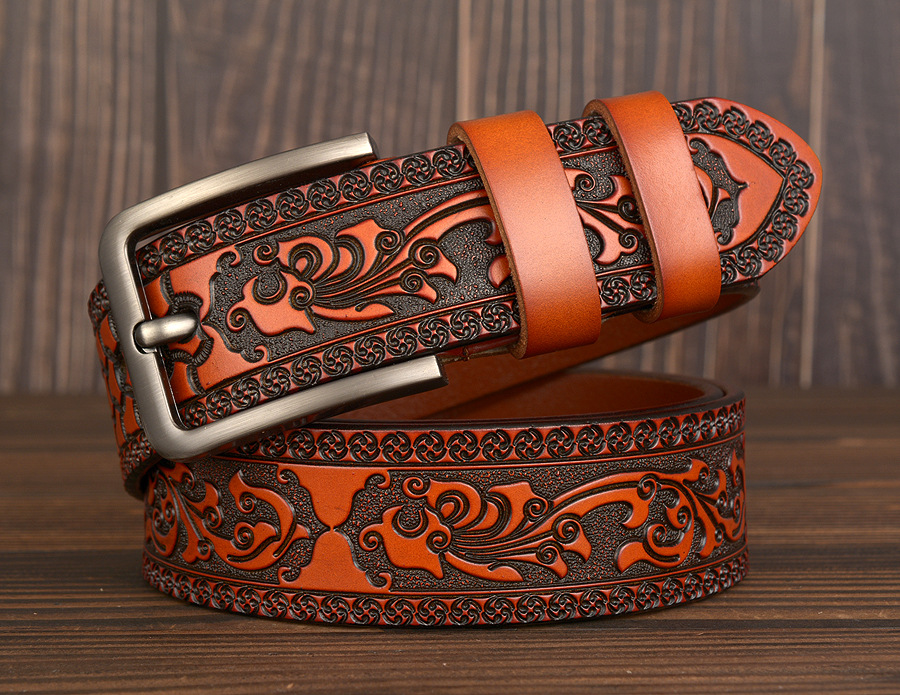 Cintura da uomo in pelle di vacchetta intagliata personalizzata con fibbia ad ago di nuova moda_voghion.com