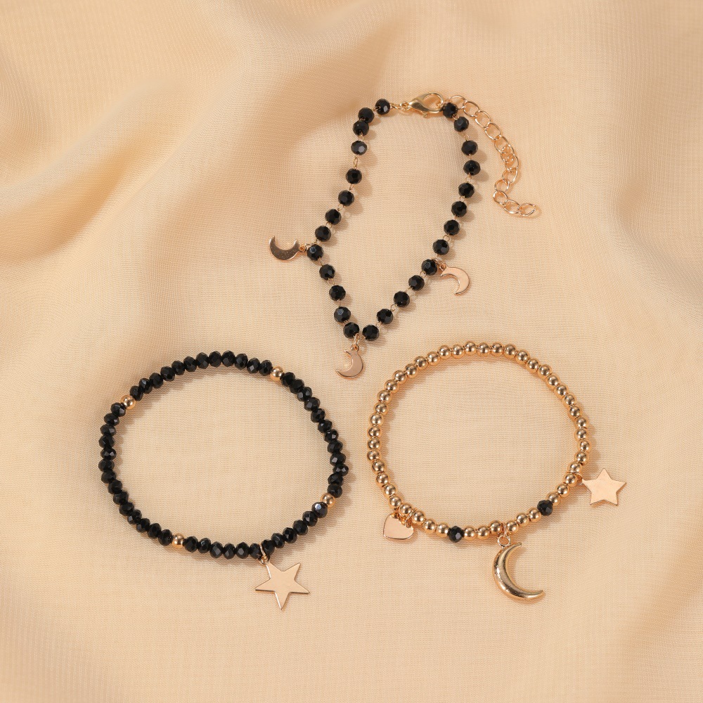 Fashion Three-piece Handmade Black Beaded Star Moon Bracelet Trend Set Jewelry Wholesale display picture 7