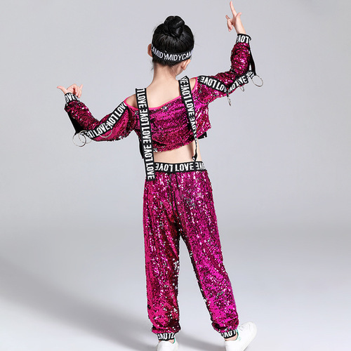 Girls fuchsia sequined jazz street hiphop dance costumes catwalk fashion models show outfits gogo dancers rapper singers stage performance clothing for kids