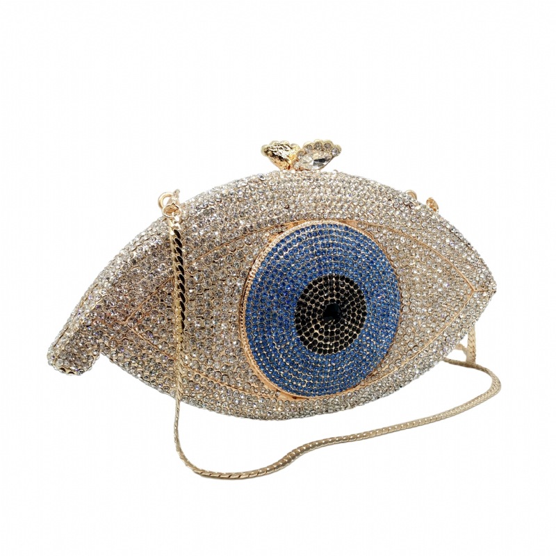Túi clutch nữ đính kim cương kim loại rỗng cầm tay dự tiệc 19x4x10.5 cm — Màu xanh lam, Màu đen, Nền vàng kim cương trắng, Đế Vàng Kim Cương chi tiết 3