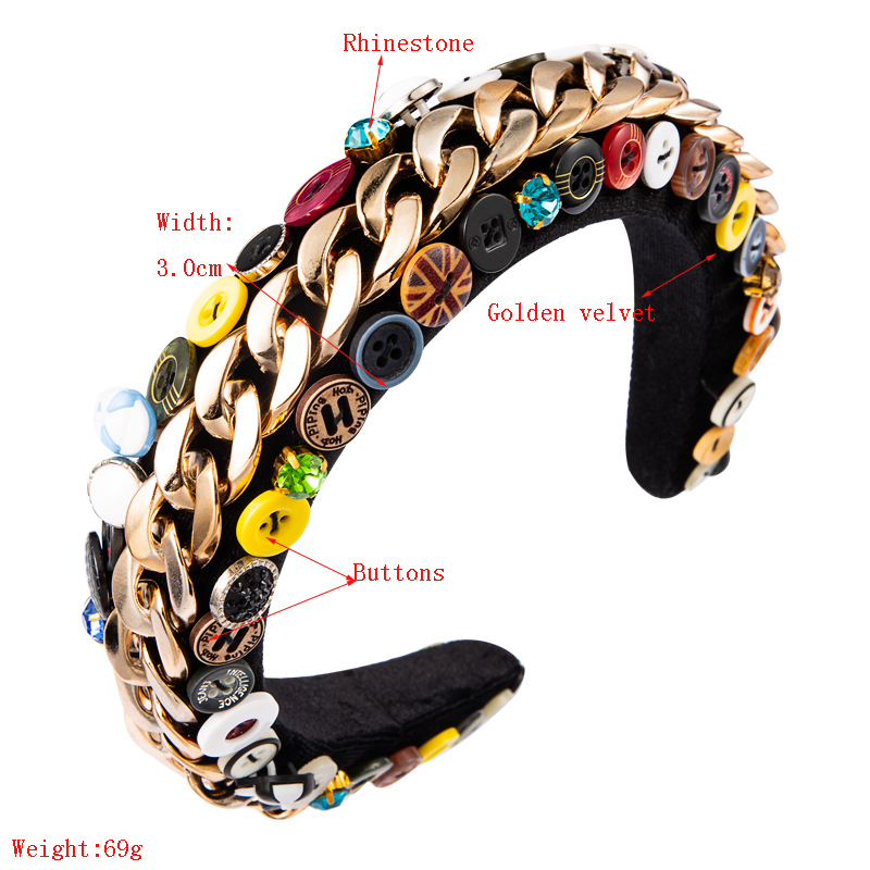 Gold Velvet Hand-sewn Sponge Wide-brimmed Color Button Headband Wholesale display picture 1