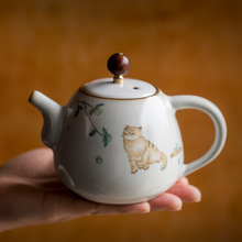 汝窑正把壶 自然开片可养茶壶家用功夫泡茶壶复古印花陶瓷茶具