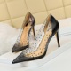 7818-1 Korean fashion sexy nightclub high heels slim heels high heels shallow mouth pointed transparent hollow out water diamond single shoes